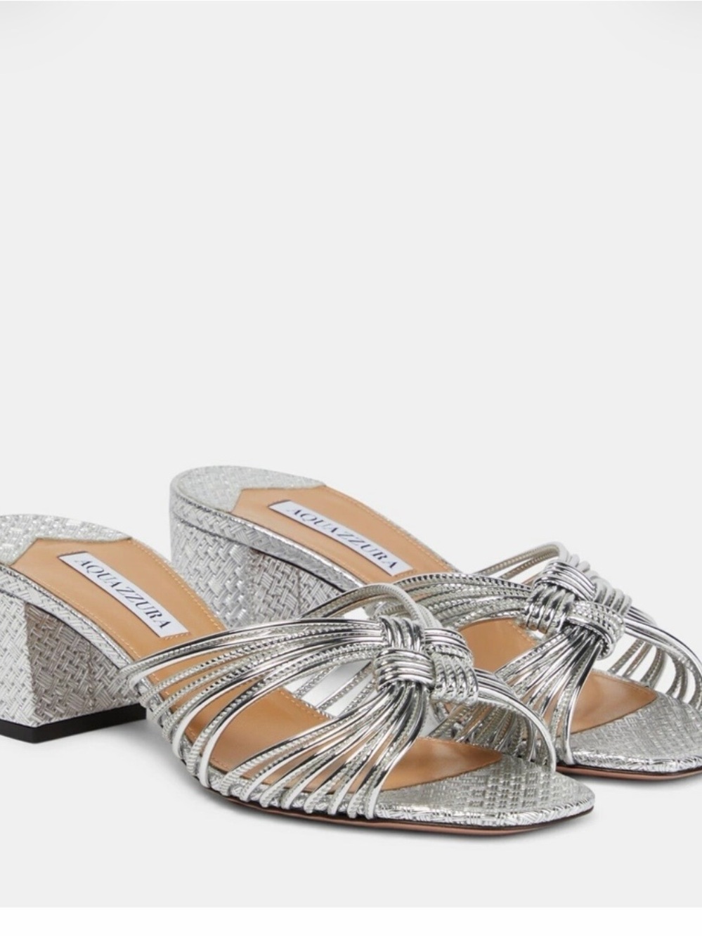 Aquazzura Silver Knotted Strappy Block Heel Sandals